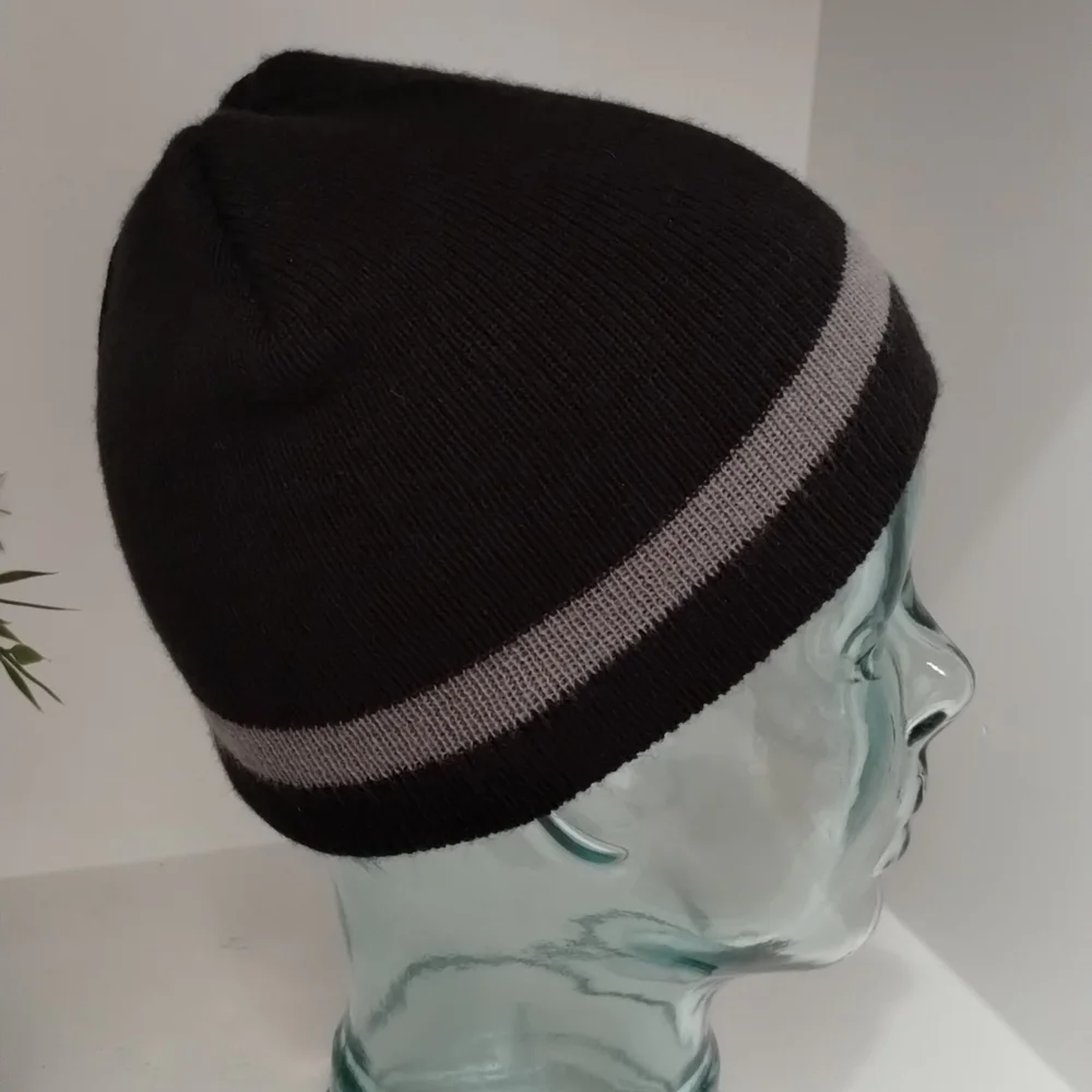 Girls Black & Gray Knit Stripe Beanie Hat with Bow Accent, One Size